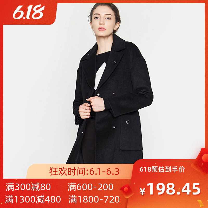 【断码XS】艾格冬季女装休闲时尚纯色中长款毛呢大衣外套Y709