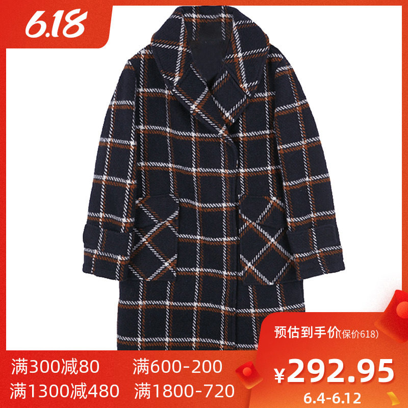 艾格 冬季女装格子时尚纯色中长款毛呢外套Y596