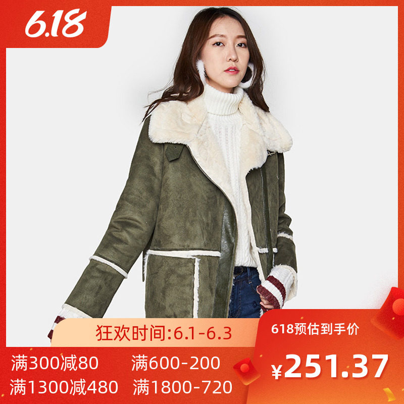 艾格冬装女装时尚宽松加厚拉链翻领休闲中长款大衣外套Y384