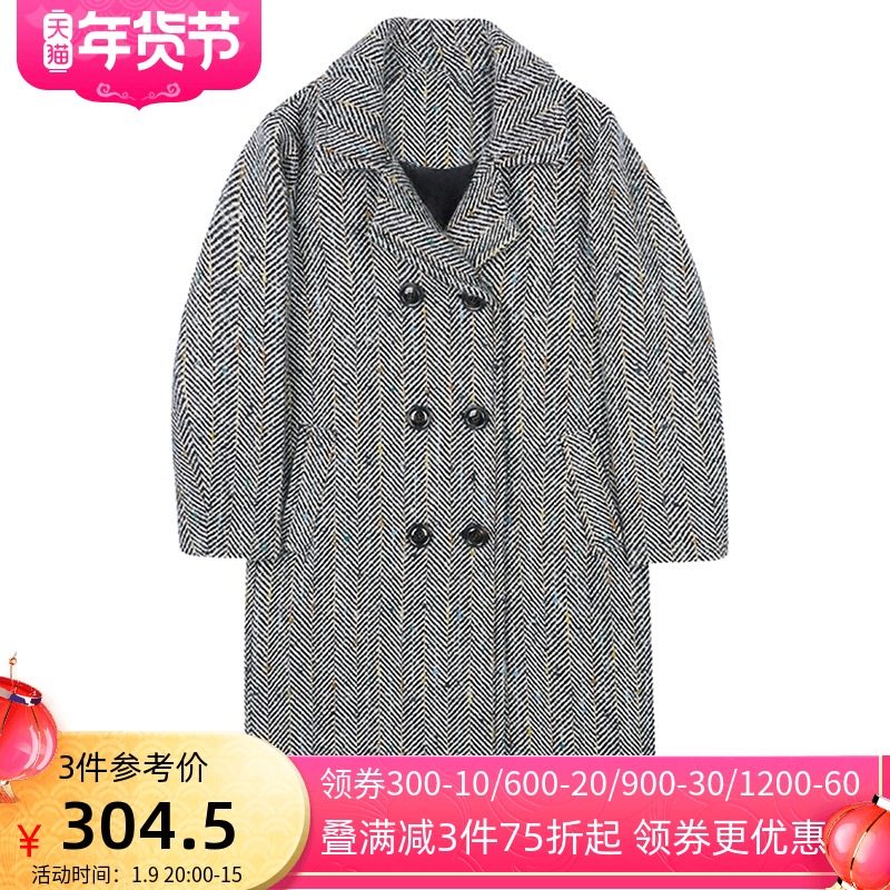 艾格冬季女装休闲时尚西装领中长款格子毛呢大衣Y900