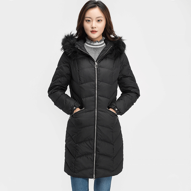 艾格冬装女装韩版潮流反季加厚纯色中长款连帽羽绒服Y23
