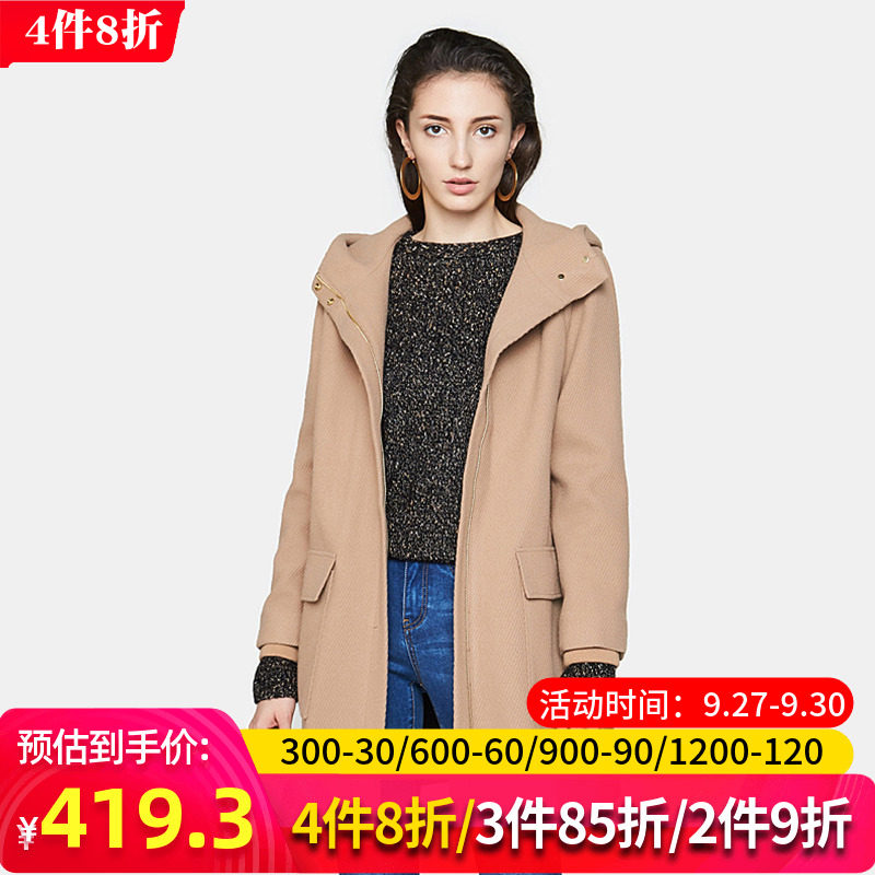 艾格官方旗舰店冬新品女装纯色拉链连帽时尚中长款毛呢大衣Y1107