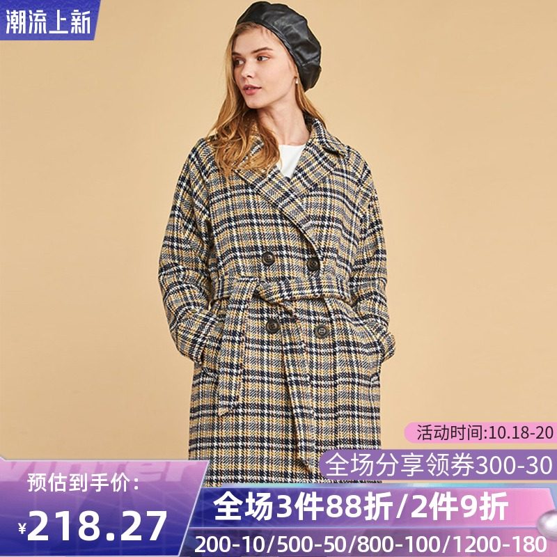 艾格冬季女装官方旗舰店休闲羊毛格子中长款毛呢大衣女Y252