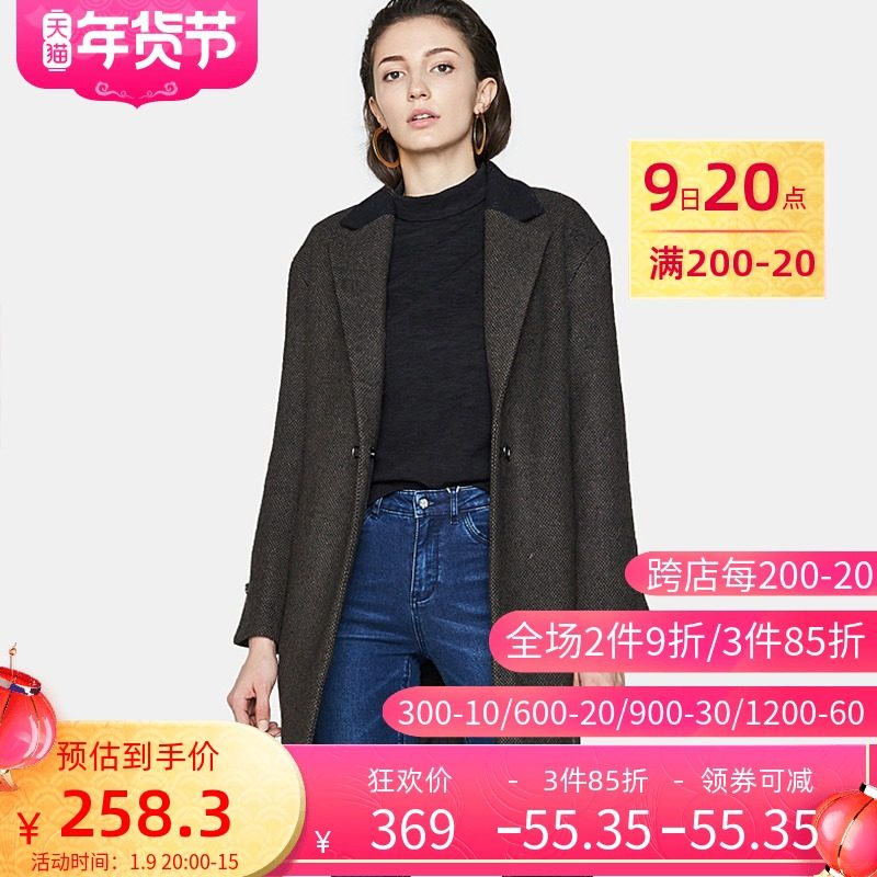 艾格冬季女装休闲羊毛个性潮流西装领中长款毛呢大衣Y454