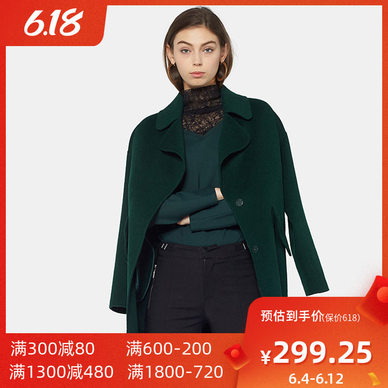 【断码L】艾格秋冬季女装时尚休闲纯色中长款毛呢大衣 Y742