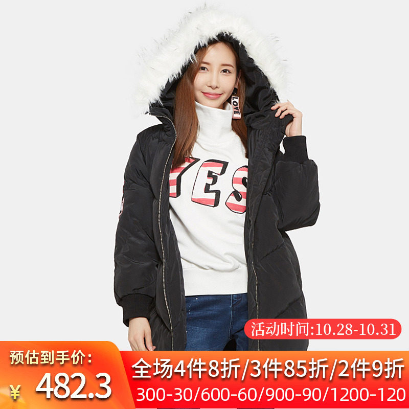 艾格官方旗舰店冬季新品女装潮流纯色通勤中长款连帽羽绒服Y1048