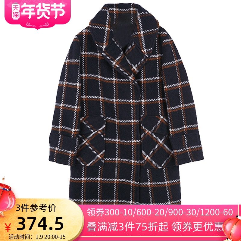 艾格冬季女装格子时尚纯色中长款毛呢外套Y596