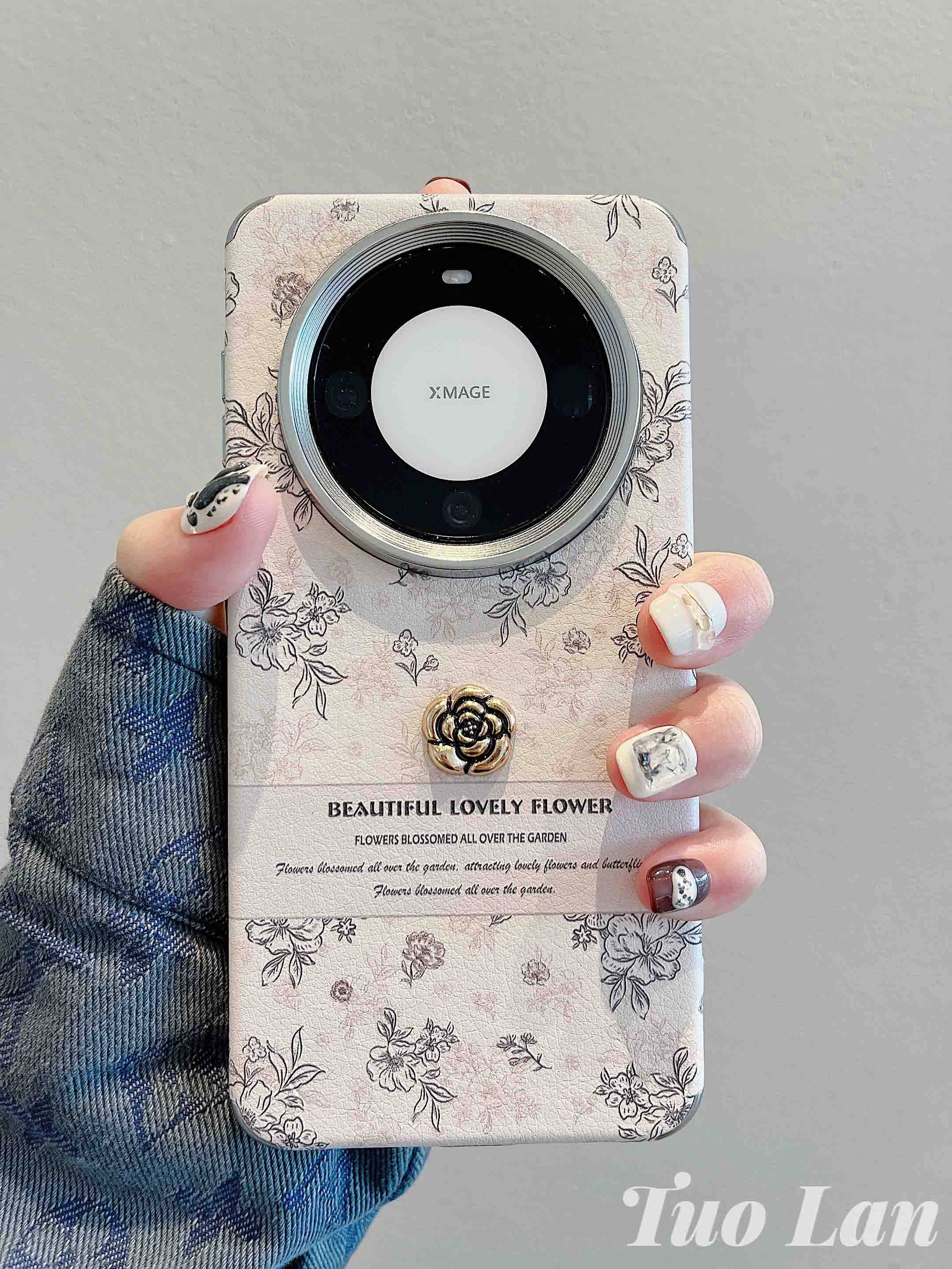 适用华为mate60pro手机壳ins风复古素描p60pro立体山茶花朵mate40pro