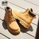 加绒大黄靴复古百搭靴子防水皮面工装 森马男鞋 高帮马丁靴男冬季 靴