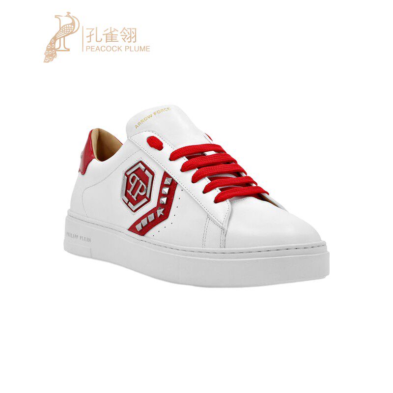 PhilippPlein男鞋金属标徽点缀白色牛皮鞋面低帮系带运动鞋