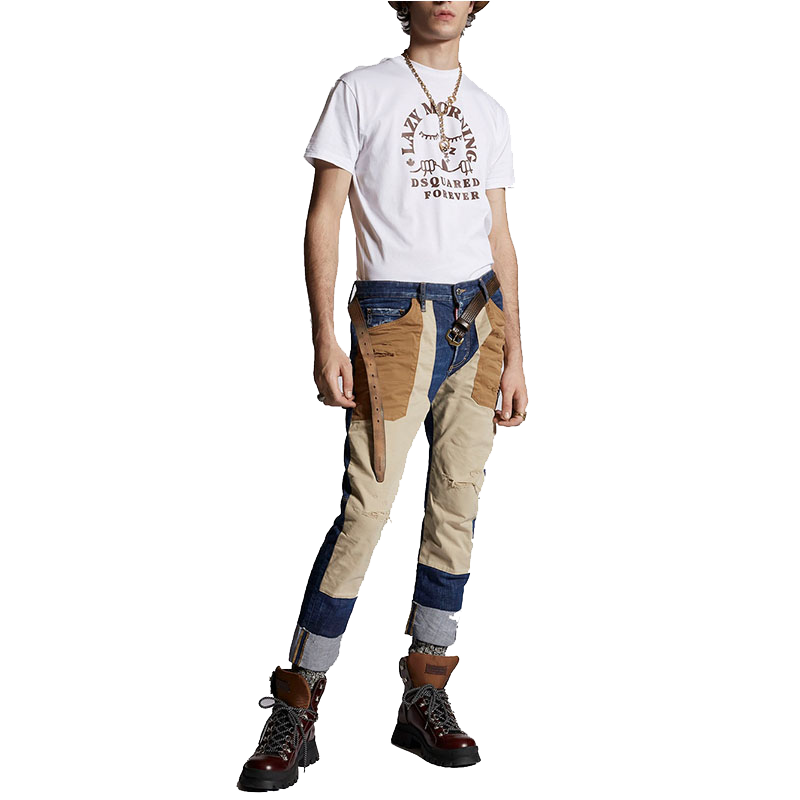 Dsquared2/二次方男士深蓝色贴片翻边裤腿水洗日常休闲牛仔裤长裤