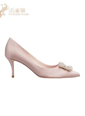 Roger Vivier女鞋粉色真丝缎搭配水钻镶嵌饰扣鞋跟6.5厘米高跟鞋