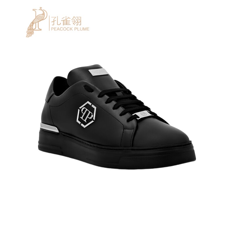 PhilippPlein男鞋经典休闲黑色六边形皮革低帮运动鞋