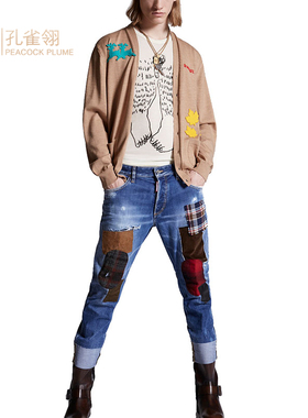 Dsquared2/二次方男士深蓝色贴片效果翻边裤腿休闲日常牛仔裤长裤