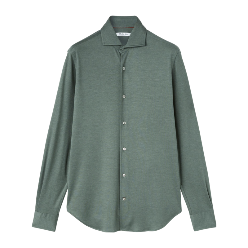Loro Piana/诺悠翩雅男装灰绿色羊绒和丝绸针织尖领长袖衬衫