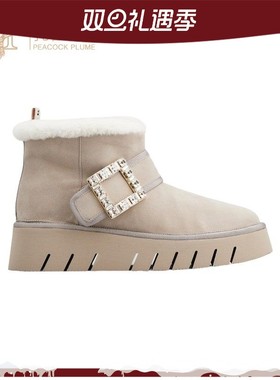 Roger Vivier女鞋舒适奢华浅灰色毛皮绒面方形水钻搭扣踝靴