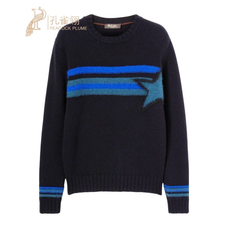 Loro Piana/诺悠翩雅男装条纹和撞色星星图案羊绒桑蚕丝针织衫