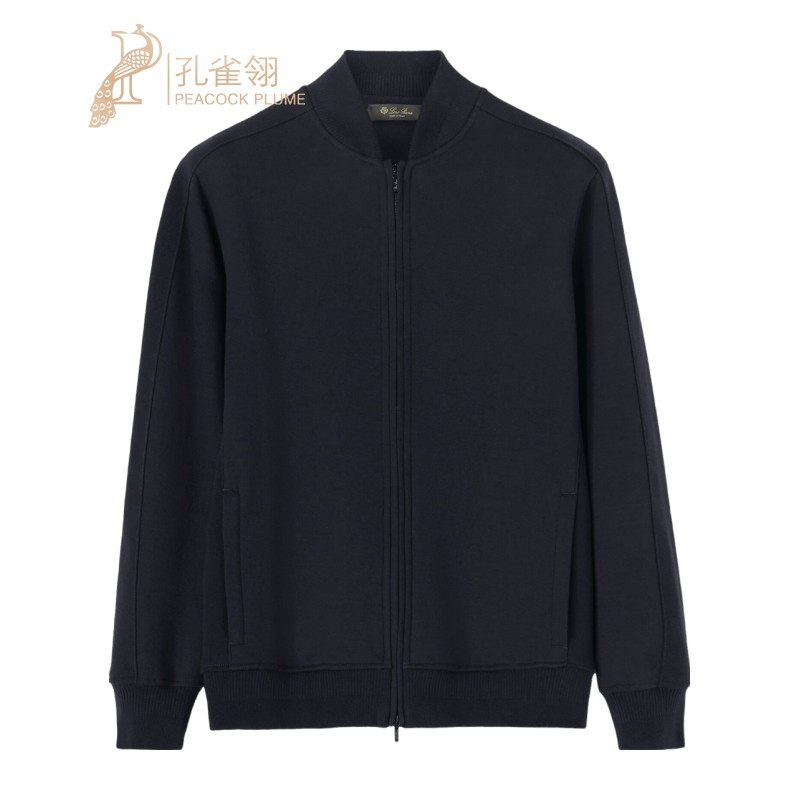 Loro Piana/诺悠翩雅男装海军蓝色棉和羊绒拉链长袖运动针织衫
