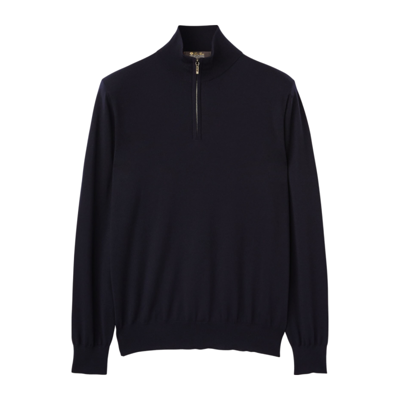 Loro Piana/诺悠翩雅男装海军蓝色高领拉链长袖针织羊毛衫