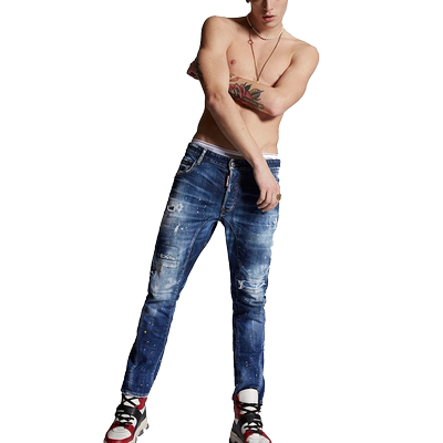 Dsquared2/二次方男士蓝色棉质多口袋直筒休闲机车日常长裤牛仔裤