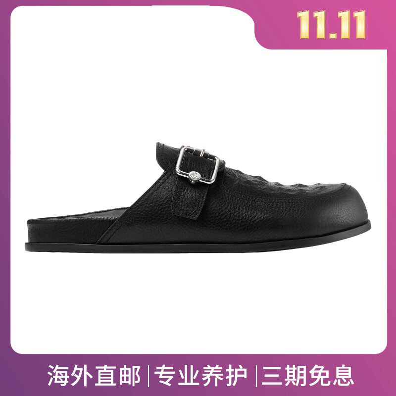JimmyChoo/周仰杰男鞋黑色皮革星星压花平底休闲穆勒拖鞋