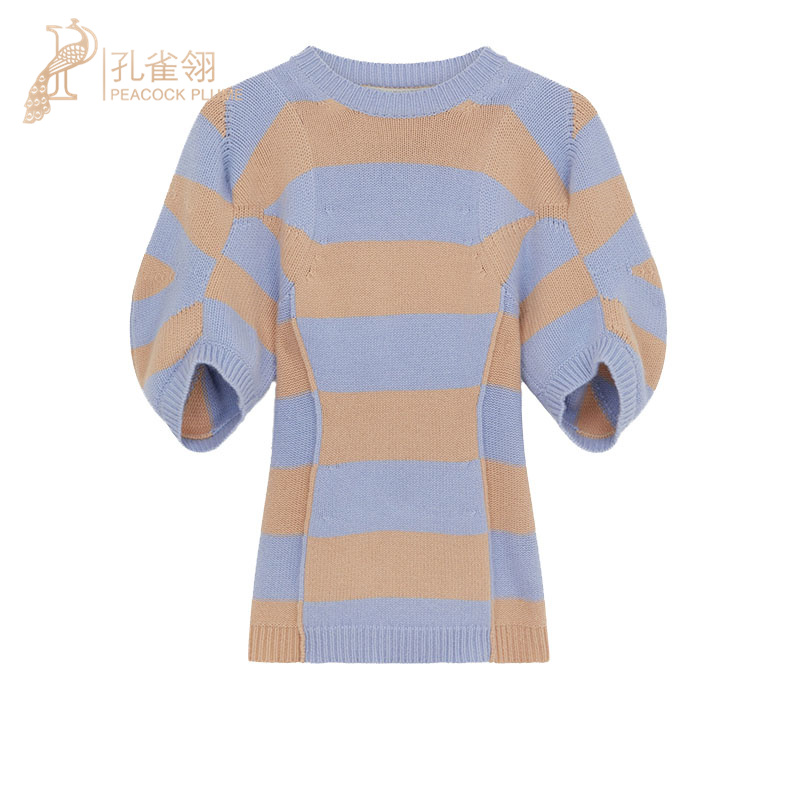 stella mccartney/斯特拉女士圆领泡泡短袖双色条纹针织套衫毛衣