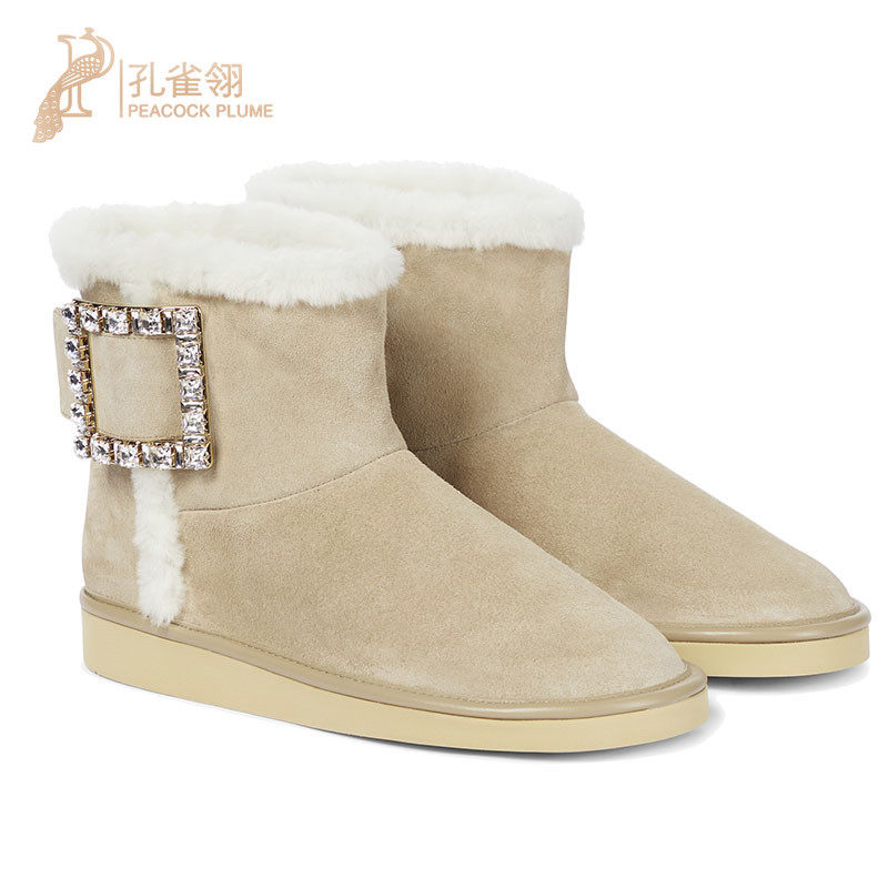 Roger Vivier/罗杰·维维亚女士米色水晶方扣时尚绒面雪地靴踝靴