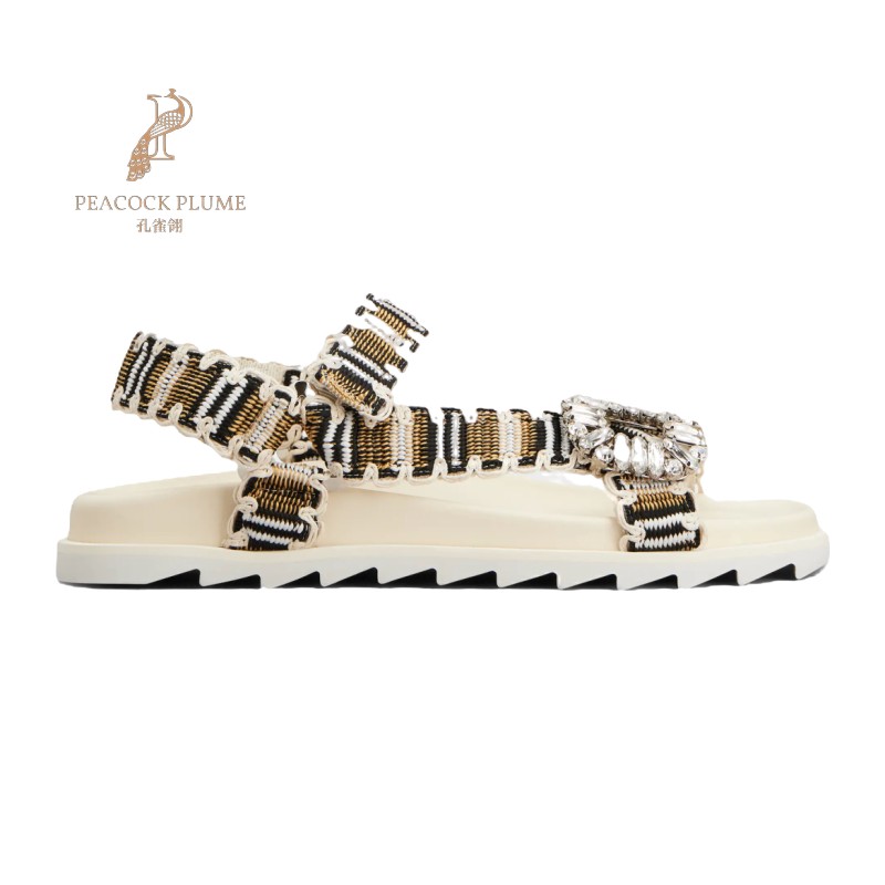 RogerVivier/罗杰维维亚女士凉鞋织物水晶搭扣魔术贴绑带新款