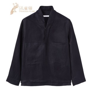 海军蓝色亚麻布立领宽松长袖 Loro Piana 诺悠翩雅男装 衬衫