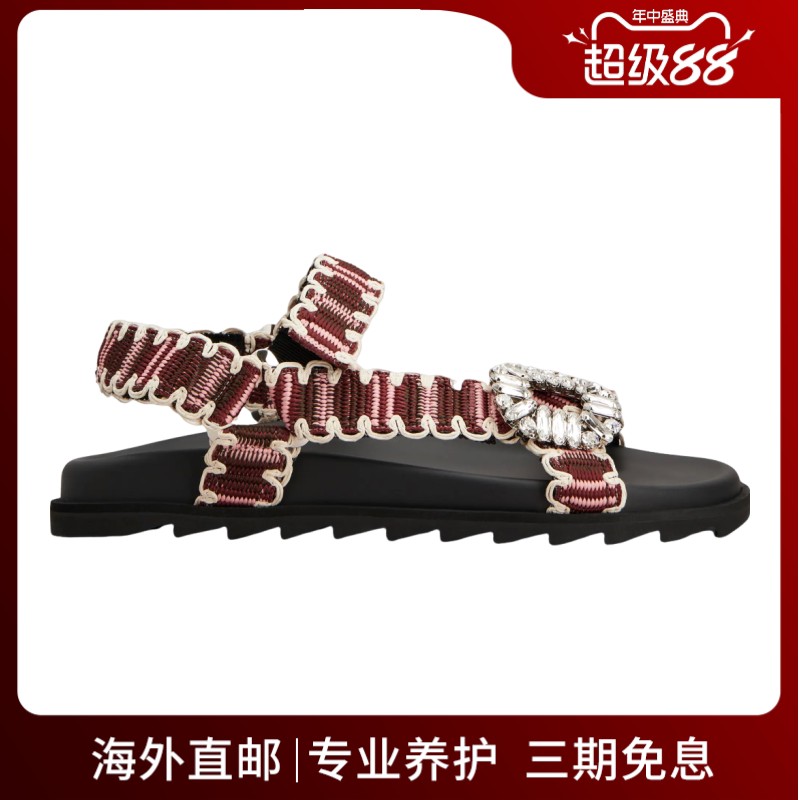 RogerVivier/罗杰维维亚女士凉鞋织物水晶扣魔术贴绑带新款