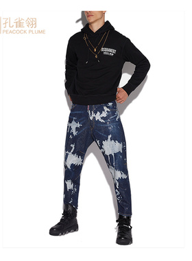 Dsquared2/D二次方男士蓝色深色水洗钉珠棉质简约牛仔休闲长裤