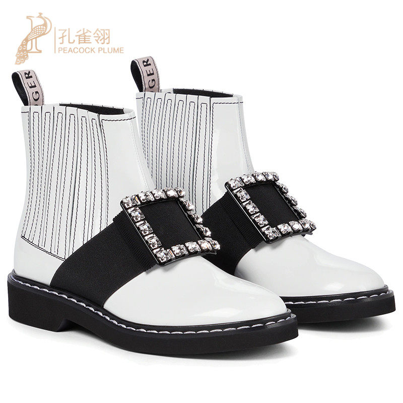 Roger Vivier/罗杰·维维亚女士白色牛皮水晶搭扣橡胶鞋底踝靴