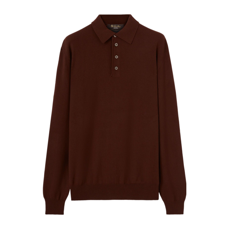 Loro Piana/诺悠翩雅男装红木色骆马毛针织长袖Polo衫