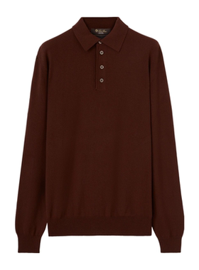 Loro Piana/诺悠翩雅男装红木色骆马毛针织长袖Polo衫