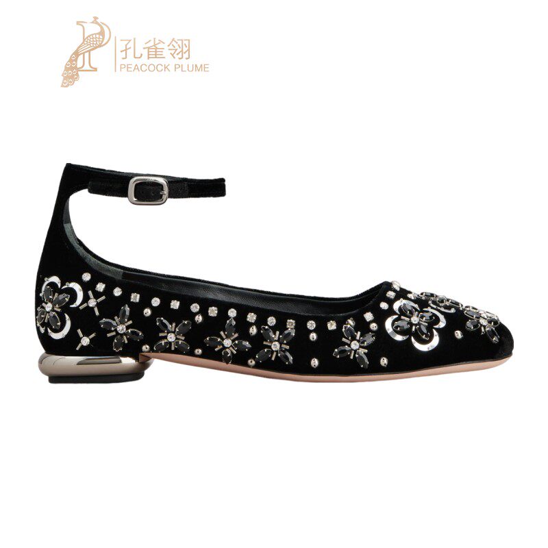 RogerVivier/罗杰维维亚女士芭蕾舞鞋天鹅绒水晶铆钉踝带新款