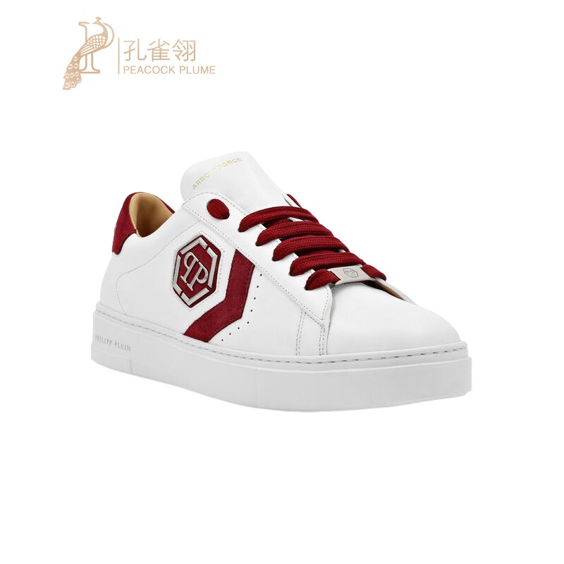 PhilippPlein男鞋白色小牛皮鞋面侧面金属标徽舒适休闲运动鞋
