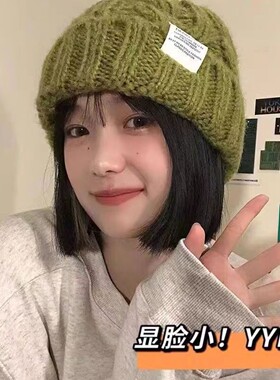 新款帽子女粗针织毛线帽秋冬季百搭大头围绿色宽松ins潮显脸小
