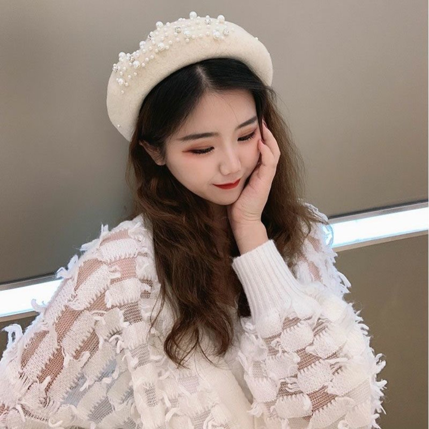 小香风贝雷帽女秋冬韩版羊毛呢珍珠蓓蕾帽八角英伦软妹画家帽子潮