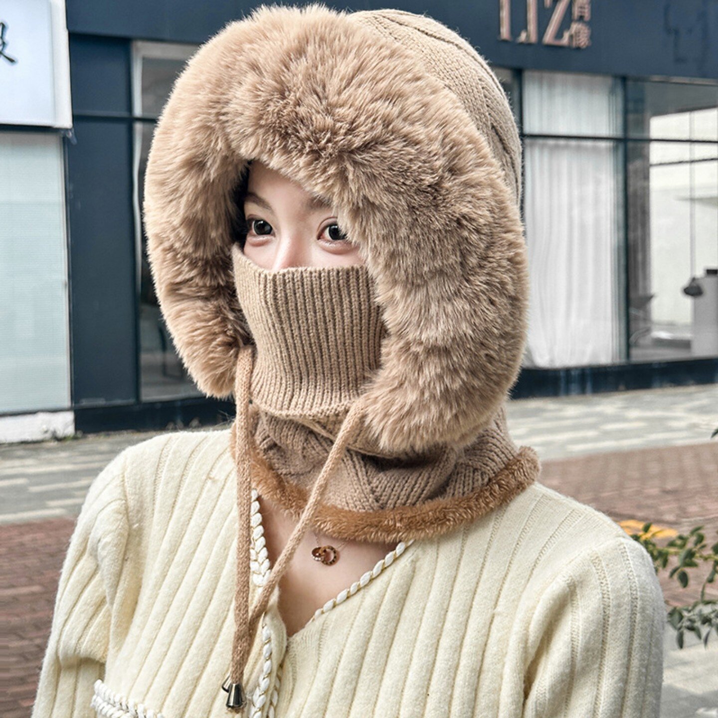 哈尔滨东北保暖帽子户外防寒毛绒围脖面罩一体帽时尚跨境针织帽