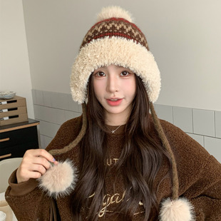 秋冬新款费尔岛针织帽时尚大头围加绒护耳毛线帽休闲显脸小套头帽