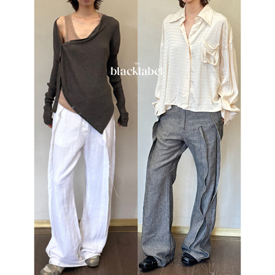 显瘦 显腿长26SS夏季新款 亚麻立体拼接微喇 长裤  tina open yy