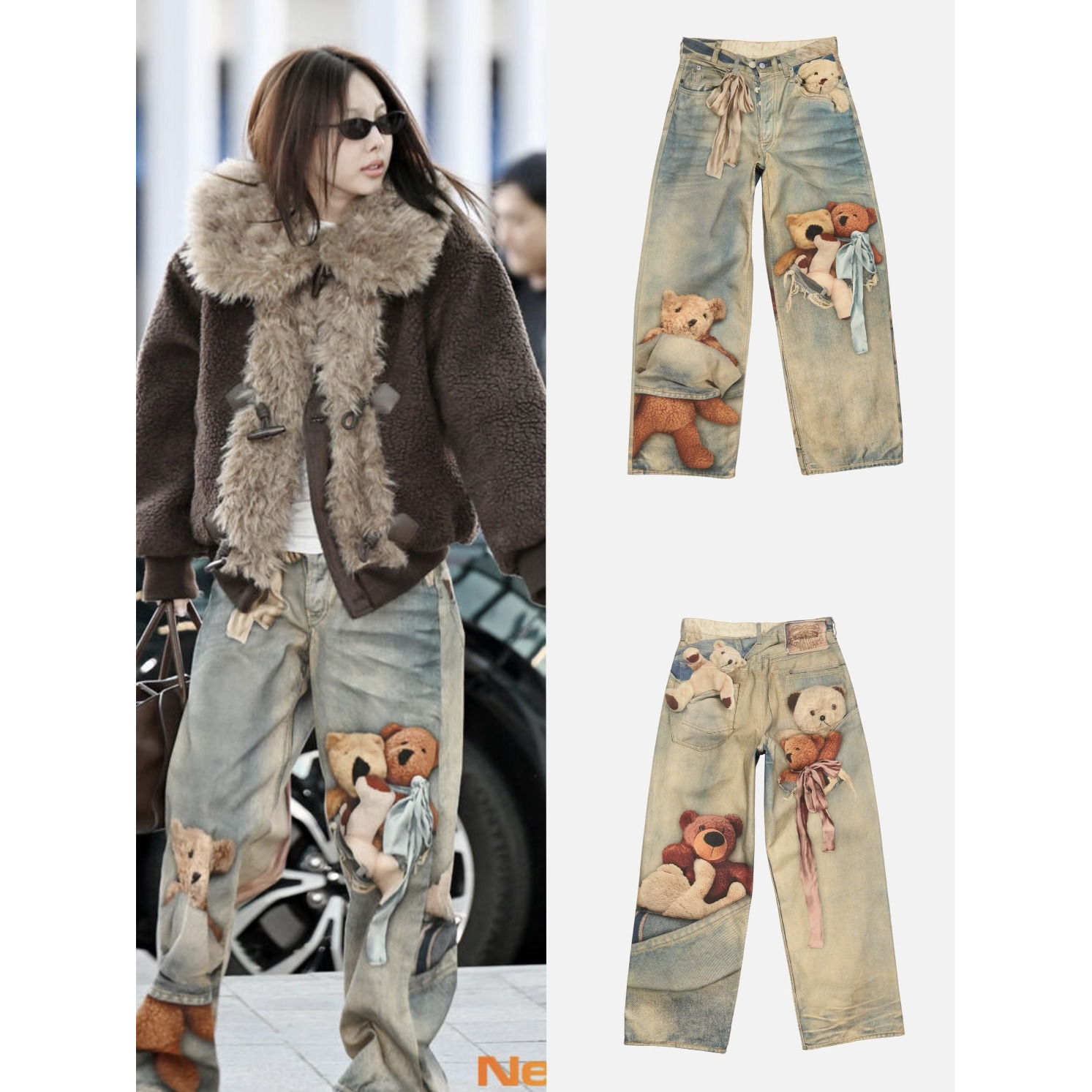 林娜琏同款 blacklabel 25秋冬新款 泰迪熊印花直筒裤 牛仔裤
