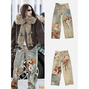 林娜琏同款 blacklabel 25秋冬新款 泰迪熊印花直筒裤 牛仔裤