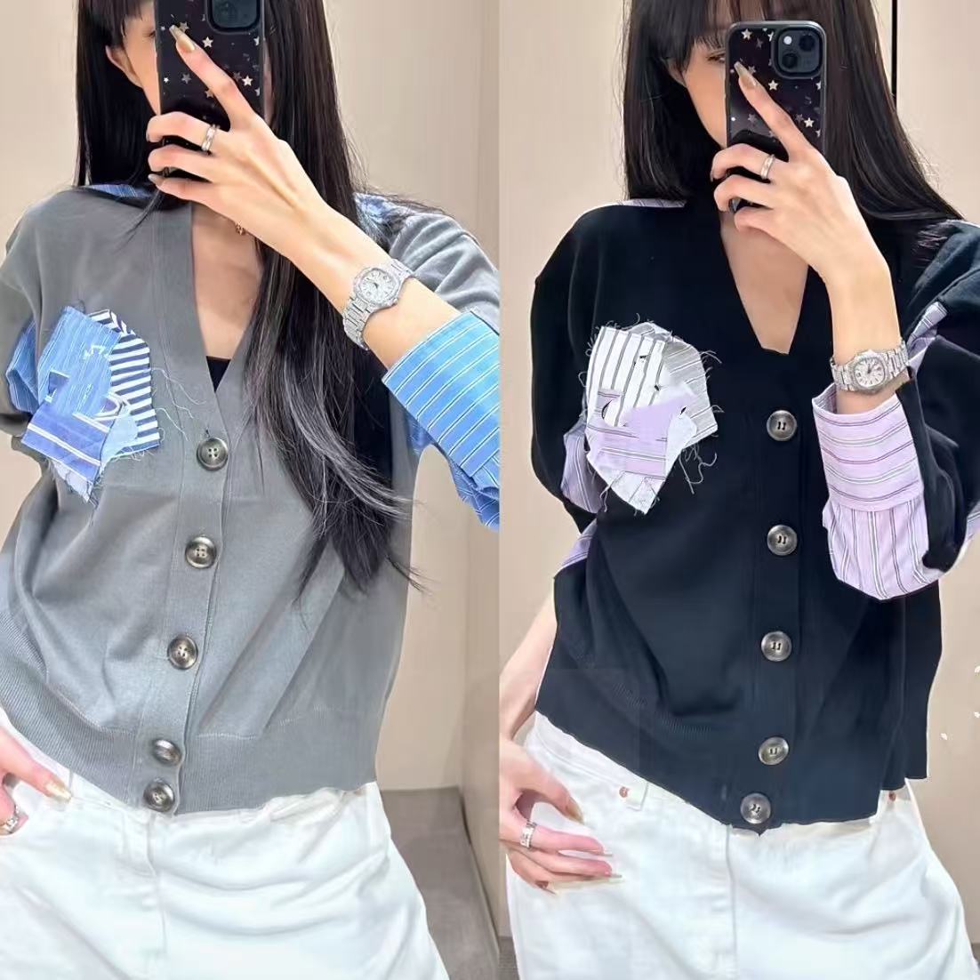 土星25秋冬新款 解构拼接条纹小众设计感 针织衬衫V领外套