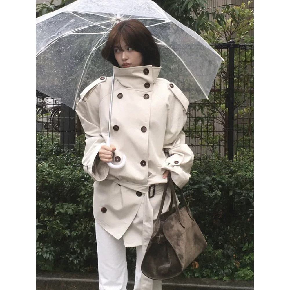 正确细节【毛边后开衩】安宥真同款 白色双排扣立领风衣 26早秋