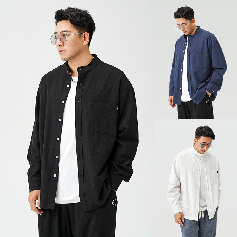 半墨大码男装200-300斤胖子衬衫男宽松加肥加大中式立领衬衣男士
