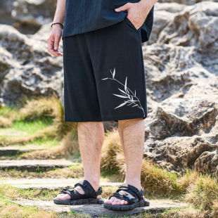 男装 胖子加肥五分裤 亚麻短裤 竹子刺绣休闲裤 男宽松新中式 半墨大码