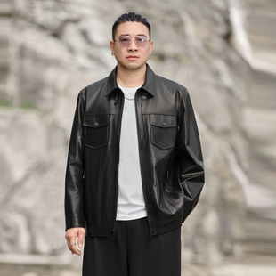 男装 抗皱耐磨阔版 牛皮夹克男士 新款 加大胖子真皮外套 秋季 半墨大码