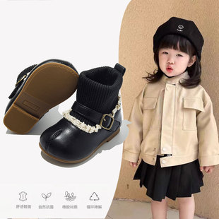 女童靴子白色袜靴2024秋冬新款加绒儿童短靴小香风秋款女孩小皮鞋