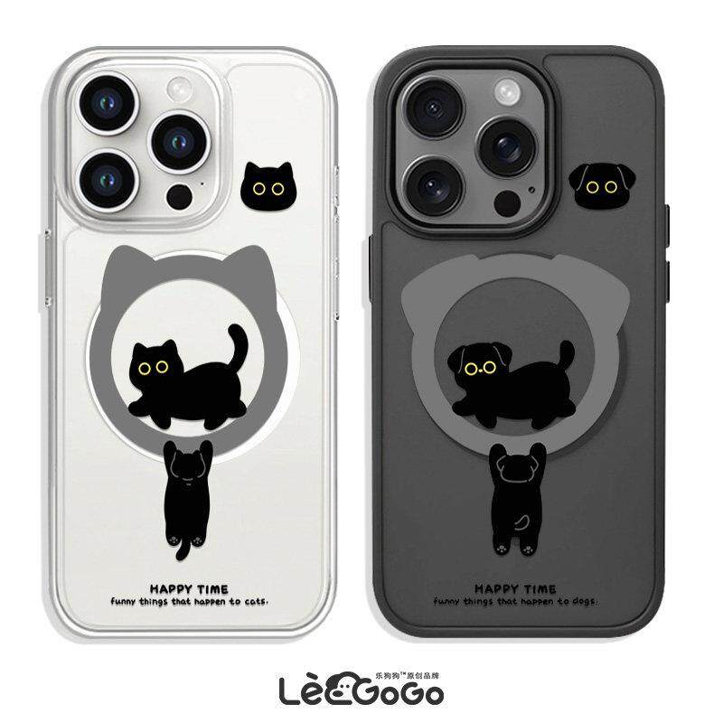 简约可爱吊环黑猫适用于iPhone16promax苹果15情侣14磁吸手机保护壳13新款12黑色透明16Pro带相机按键男小米1